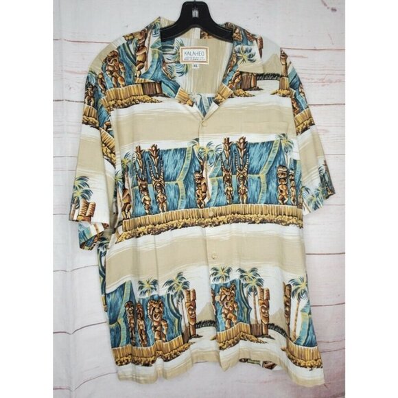 Rare Vintage Kalaheo XL Hawaiian Shirt – Tan Tiki Statue Graphic Short Sleeve - Picture 3 of 12